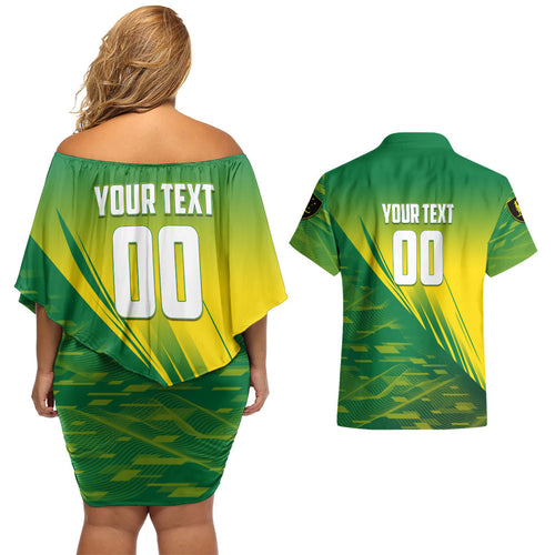 Personalized Socceroos Sport Couples Matching Off Shoulder Short Dress and Hawaiian Shirt Green Gold Dynamic Wave Pattern