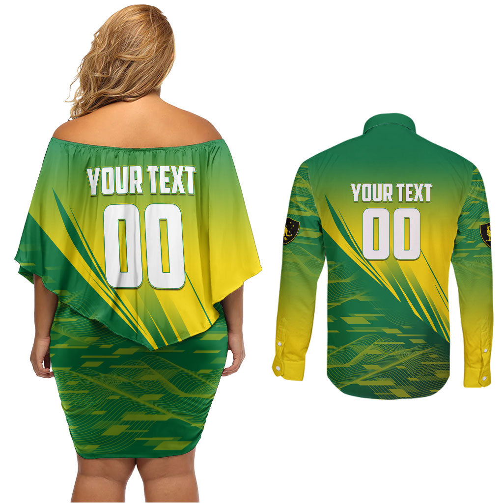 Personalized Socceroos Sport Couples Matching Off Shoulder Short Dress and Long Sleeve Button Shirt Green Gold Dynamic Wave Pattern