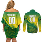 Personalized Socceroos Sport Couples Matching Off Shoulder Short Dress and Long Sleeve Button Shirt Green Gold Dynamic Wave Pattern