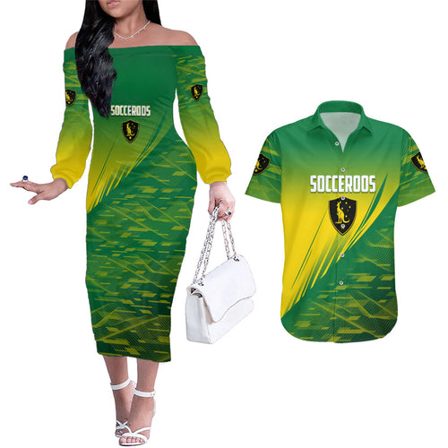 Personalized Socceroos Sport Couples Matching Off The Shoulder Long Sleeve Dress and Hawaiian Shirt Green Gold Dynamic Wave Pattern