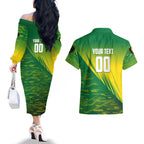 Personalized Socceroos Sport Couples Matching Off The Shoulder Long Sleeve Dress and Hawaiian Shirt Green Gold Dynamic Wave Pattern