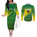 Personalized Socceroos Sport Couples Matching Off The Shoulder Long Sleeve Dress and Long Sleeve Button Shirt Green Gold Dynamic Wave Pattern
