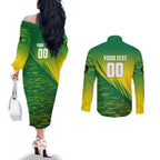 Personalized Socceroos Sport Couples Matching Off The Shoulder Long Sleeve Dress and Long Sleeve Button Shirt Green Gold Dynamic Wave Pattern