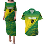 Personalized Socceroos Sport Couples Matching Puletasi and Hawaiian Shirt Green Gold Dynamic Wave Pattern