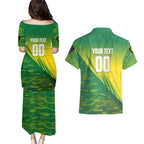 Personalized Socceroos Sport Couples Matching Puletasi and Hawaiian Shirt Green Gold Dynamic Wave Pattern