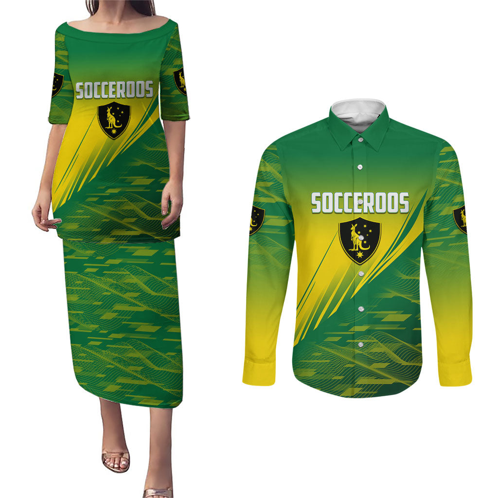 Personalized Socceroos Sport Couples Matching Puletasi and Long Sleeve Button Shirt Green Gold Dynamic Wave Pattern