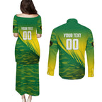 Personalized Socceroos Sport Couples Matching Puletasi and Long Sleeve Button Shirt Green Gold Dynamic Wave Pattern