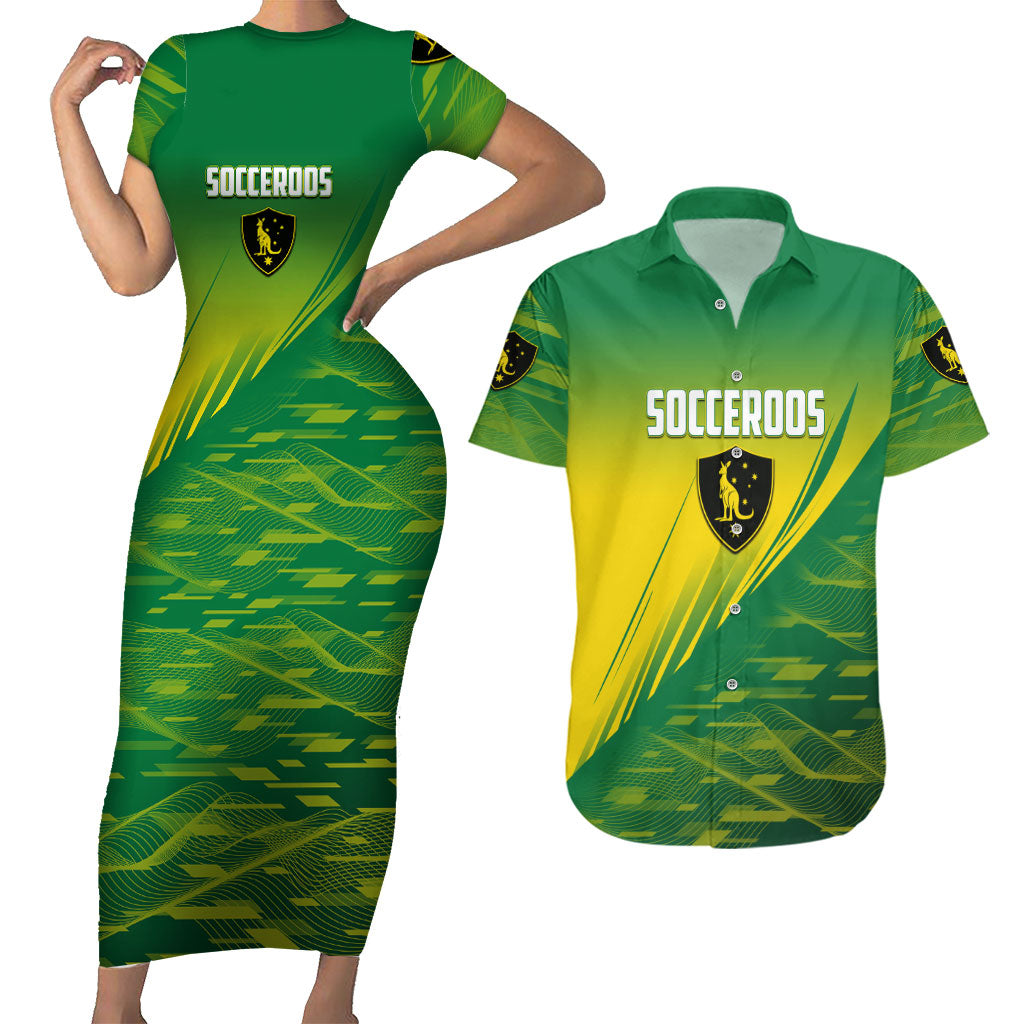 Personalized Socceroos Sport Couples Matching Short Sleeve Bodycon Dress and Hawaiian Shirt Green Gold Dynamic Wave Pattern