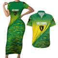 Personalized Socceroos Sport Couples Matching Short Sleeve Bodycon Dress and Hawaiian Shirt Green Gold Dynamic Wave Pattern