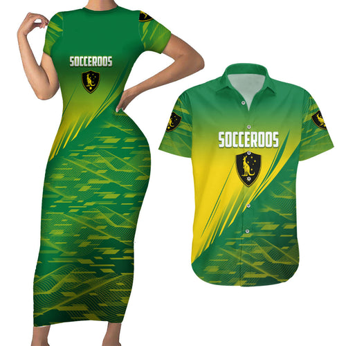 Personalized Socceroos Sport Couples Matching Short Sleeve Bodycon Dress and Hawaiian Shirt Green Gold Dynamic Wave Pattern