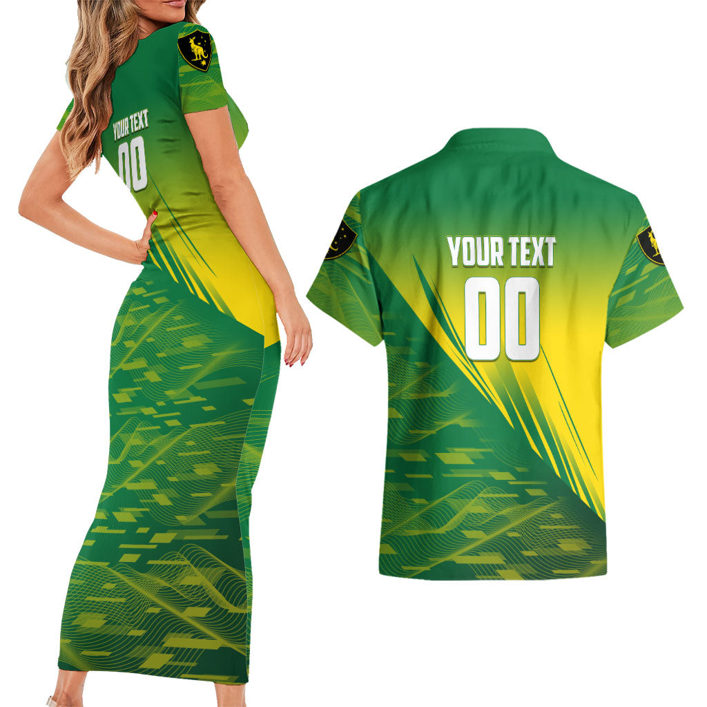 Personalized Socceroos Sport Couples Matching Short Sleeve Bodycon Dress and Hawaiian Shirt Green Gold Dynamic Wave Pattern