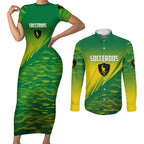 Personalized Socceroos Sport Couples Matching Short Sleeve Bodycon Dress and Long Sleeve Button Shirt Green Gold Dynamic Wave Pattern