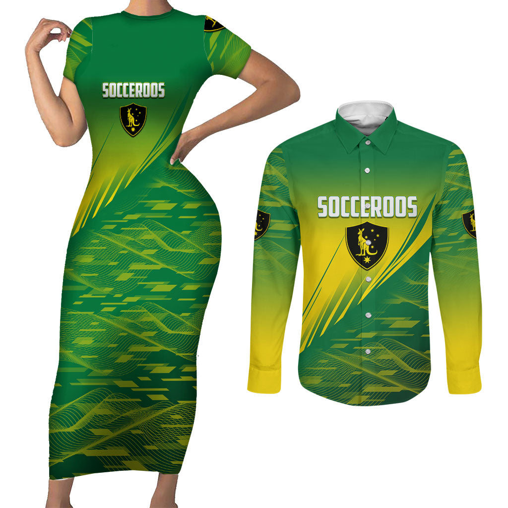 Personalized Socceroos Sport Couples Matching Short Sleeve Bodycon Dress and Long Sleeve Button Shirt Green Gold Dynamic Wave Pattern