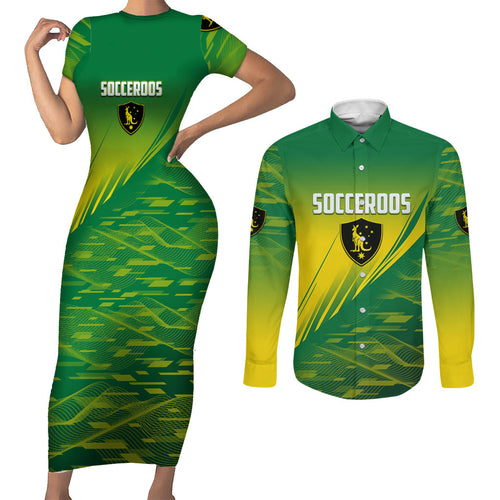 Personalized Socceroos Sport Couples Matching Short Sleeve Bodycon Dress and Long Sleeve Button Shirt Green Gold Dynamic Wave Pattern