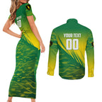 Personalized Socceroos Sport Couples Matching Short Sleeve Bodycon Dress and Long Sleeve Button Shirt Green Gold Dynamic Wave Pattern