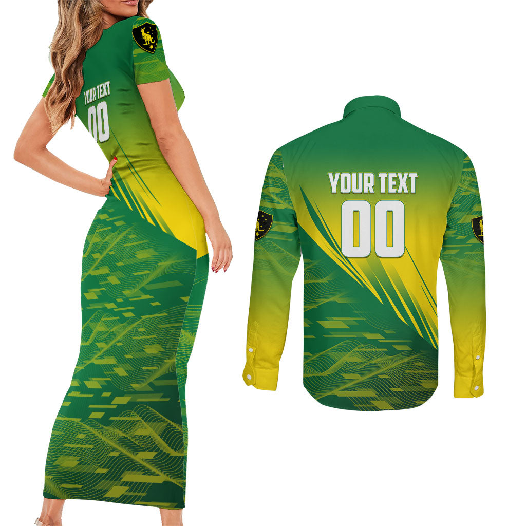Personalized Socceroos Sport Couples Matching Short Sleeve Bodycon Dress and Long Sleeve Button Shirt Green Gold Dynamic Wave Pattern