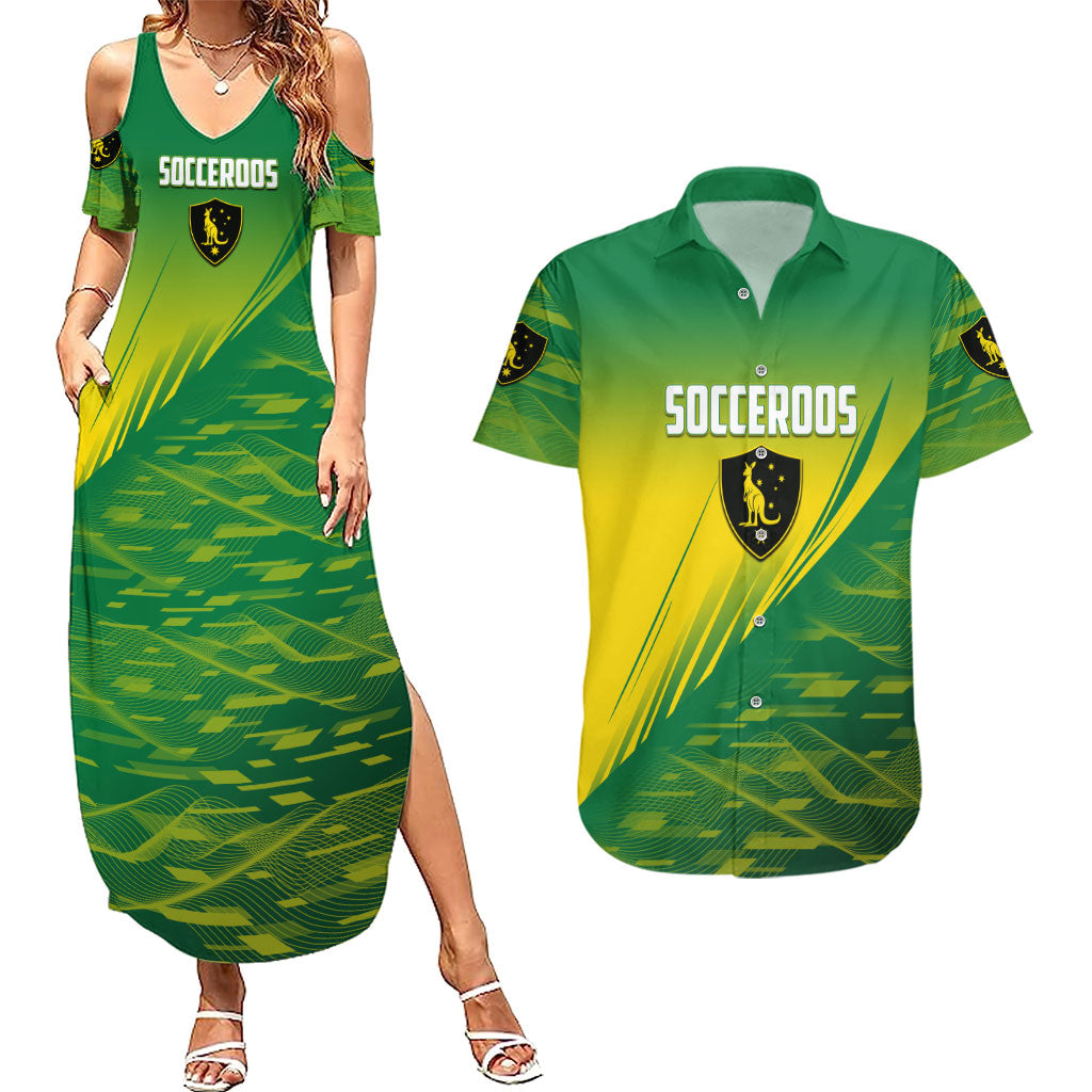 Personalized Socceroos Sport Couples Matching Summer Maxi Dress and Hawaiian Shirt Green Gold Dynamic Wave Pattern