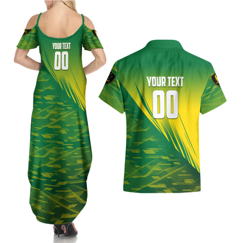 Personalized Socceroos Sport Couples Matching Summer Maxi Dress and Hawaiian Shirt Green Gold Dynamic Wave Pattern