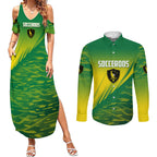 Personalized Socceroos Sport Couples Matching Summer Maxi Dress and Long Sleeve Button Shirt Green Gold Dynamic Wave Pattern