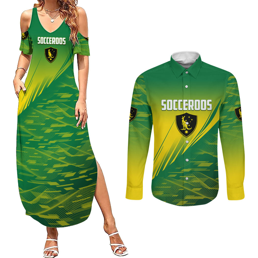 Personalized Socceroos Sport Couples Matching Summer Maxi Dress and Long Sleeve Button Shirt Green Gold Dynamic Wave Pattern