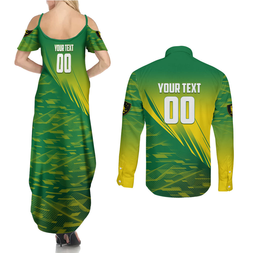 Personalized Socceroos Sport Couples Matching Summer Maxi Dress and Long Sleeve Button Shirt Green Gold Dynamic Wave Pattern
