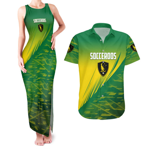 Personalized Socceroos Sport Couples Matching Tank Maxi Dress and Hawaiian Shirt Green Gold Dynamic Wave Pattern