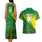 Personalized Socceroos Sport Couples Matching Tank Maxi Dress and Hawaiian Shirt Green Gold Dynamic Wave Pattern