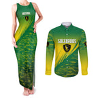 Personalized Socceroos Sport Couples Matching Tank Maxi Dress and Long Sleeve Button Shirt Green Gold Dynamic Wave Pattern