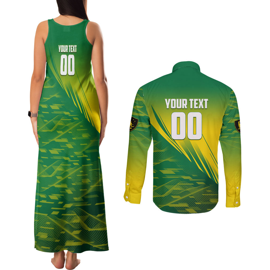 Personalized Socceroos Sport Couples Matching Tank Maxi Dress and Long Sleeve Button Shirt Green Gold Dynamic Wave Pattern