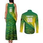 Personalized Socceroos Sport Couples Matching Tank Maxi Dress and Long Sleeve Button Shirt Green Gold Dynamic Wave Pattern