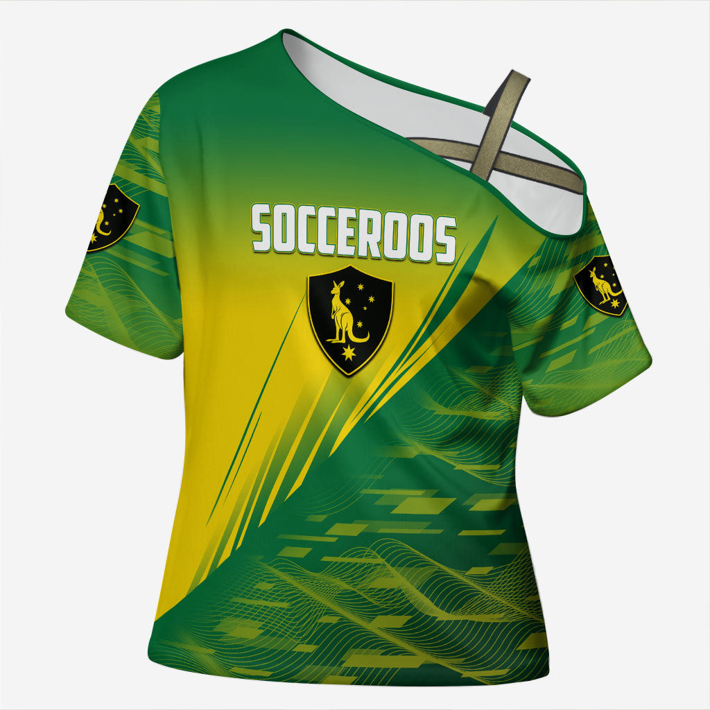 Personalized Socceroos Sport Cross Shoulder Shirt Green Gold Dynamic Wave Pattern