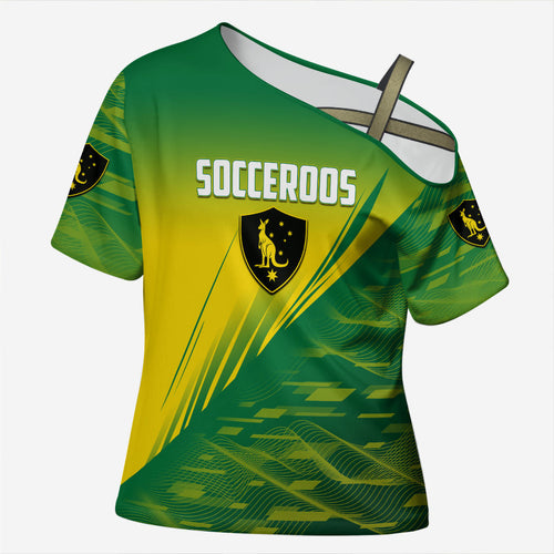 Personalized Socceroos Sport Cross Shoulder Shirt Green Gold Dynamic Wave Pattern