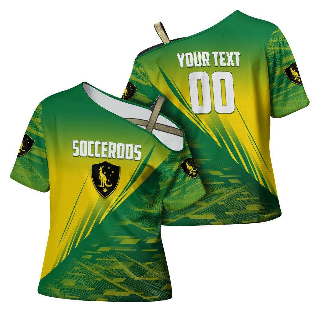Personalized Socceroos Sport Cross Shoulder Shirt Green Gold Dynamic Wave Pattern