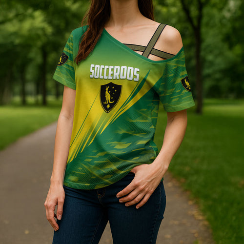 Personalized Socceroos Sport Cross Shoulder Shirt Green Gold Dynamic Wave Pattern