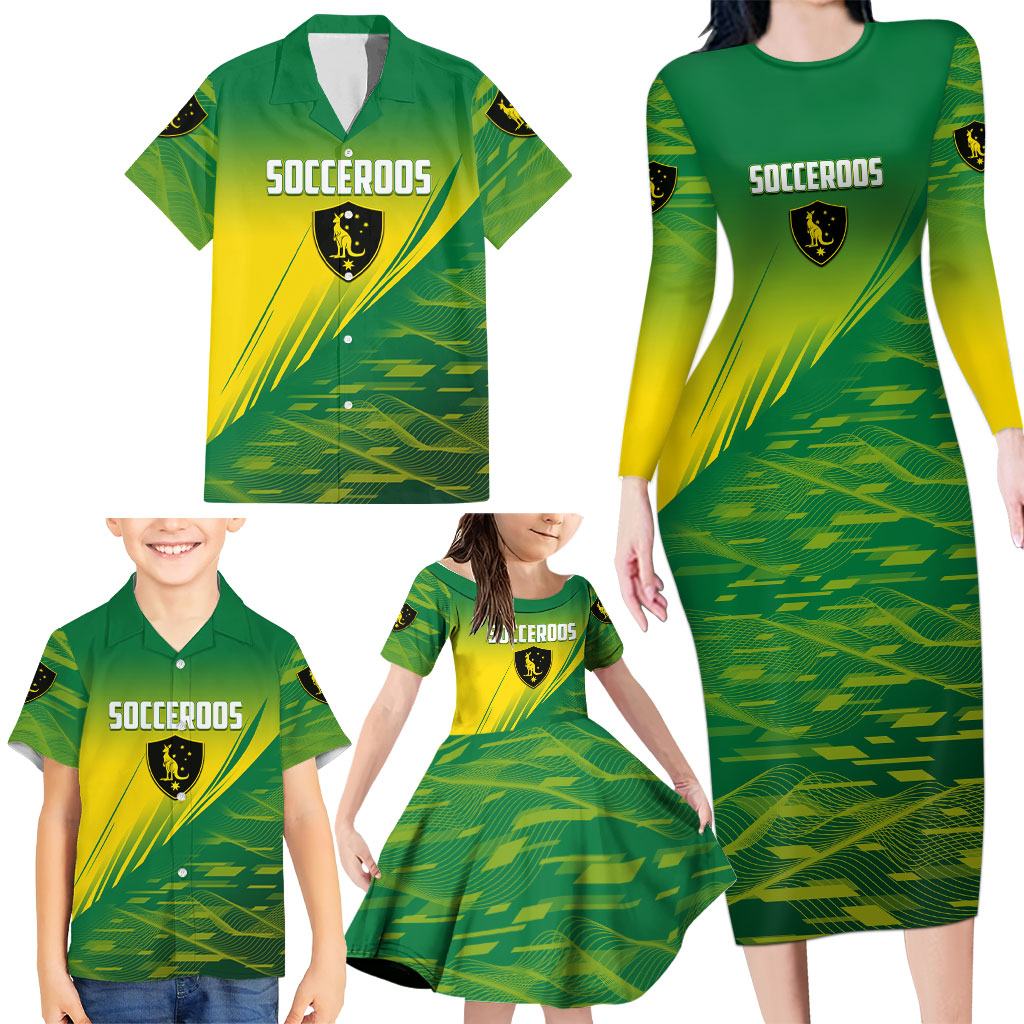 Personalized Socceroos Sport Family Matching Long Sleeve Bodycon Dress and Hawaiian Shirt Green Gold Dynamic Wave Pattern