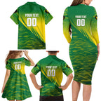 Personalized Socceroos Sport Family Matching Long Sleeve Bodycon Dress and Hawaiian Shirt Green Gold Dynamic Wave Pattern