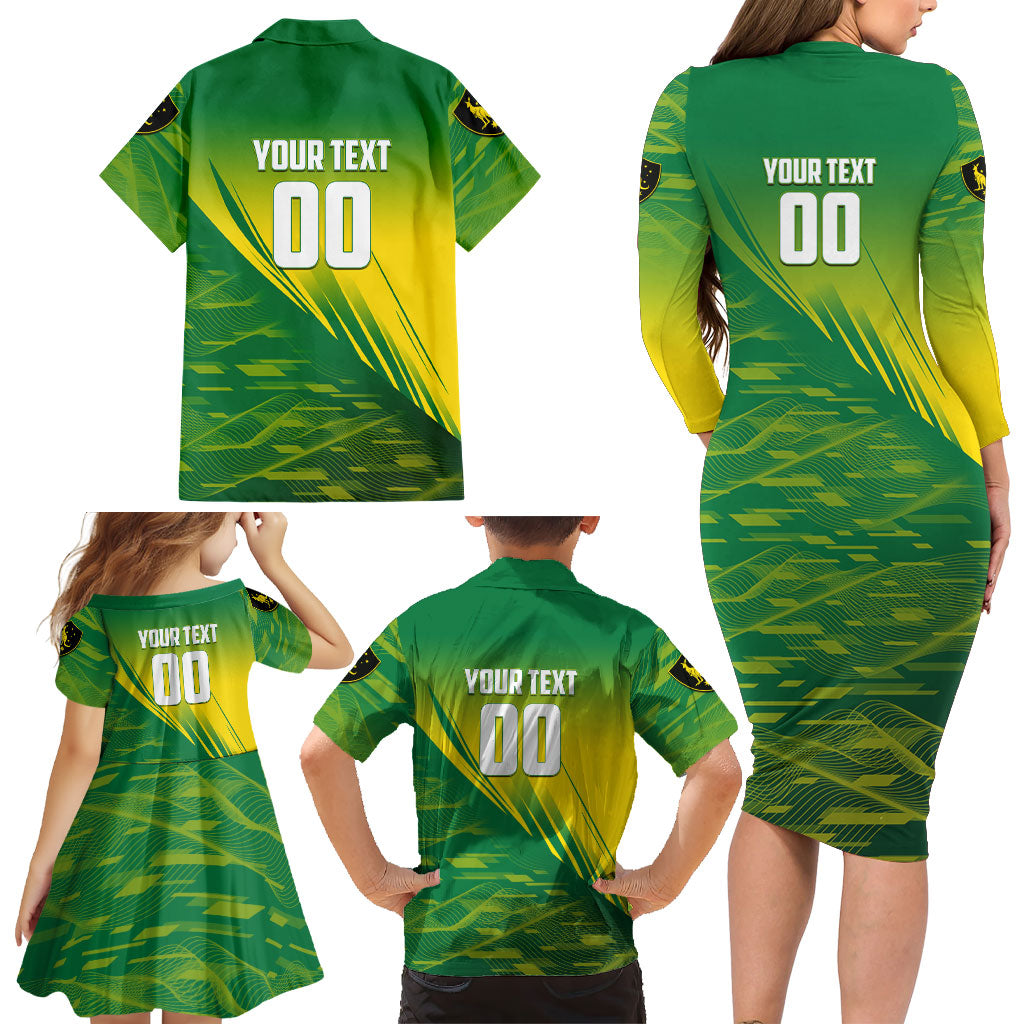 Personalized Socceroos Sport Family Matching Long Sleeve Bodycon Dress and Hawaiian Shirt Green Gold Dynamic Wave Pattern