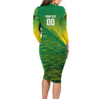 Personalized Socceroos Sport Family Matching Long Sleeve Bodycon Dress and Hawaiian Shirt Green Gold Dynamic Wave Pattern