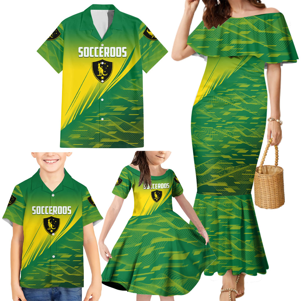 Personalized Socceroos Sport Family Matching Mermaid Dress and Hawaiian Shirt Green Gold Dynamic Wave Pattern