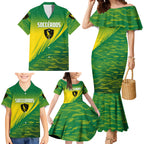 Personalized Socceroos Sport Family Matching Mermaid Dress and Hawaiian Shirt Green Gold Dynamic Wave Pattern