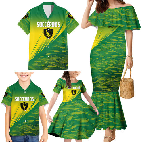 Personalized Socceroos Sport Family Matching Mermaid Dress and Hawaiian Shirt Green Gold Dynamic Wave Pattern