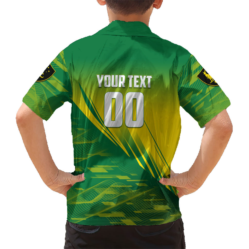 Personalized Socceroos Sport Family Matching Mermaid Dress and Hawaiian Shirt Green Gold Dynamic Wave Pattern