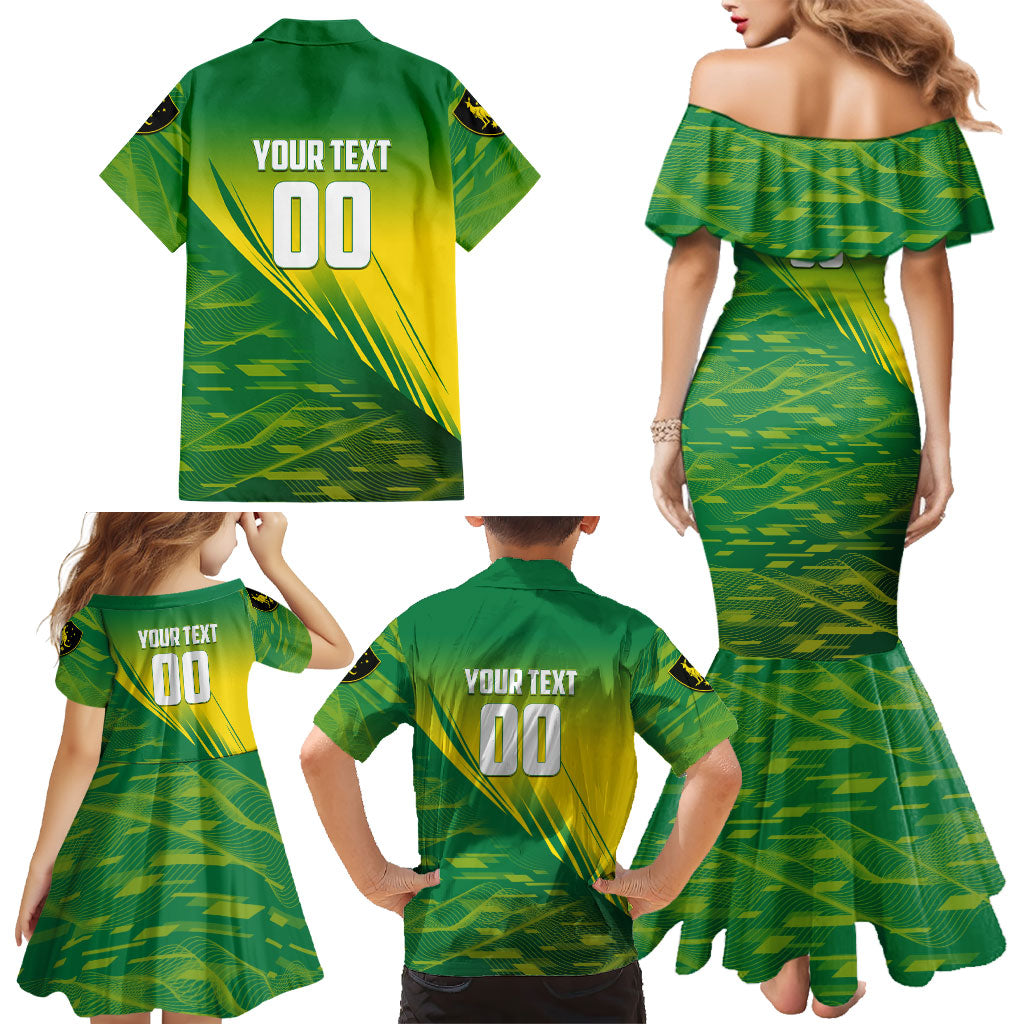 Personalized Socceroos Sport Family Matching Mermaid Dress and Hawaiian Shirt Green Gold Dynamic Wave Pattern
