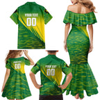 Personalized Socceroos Sport Family Matching Mermaid Dress and Hawaiian Shirt Green Gold Dynamic Wave Pattern