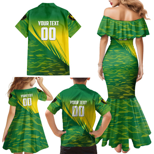 Personalized Socceroos Sport Family Matching Mermaid Dress and Hawaiian Shirt Green Gold Dynamic Wave Pattern