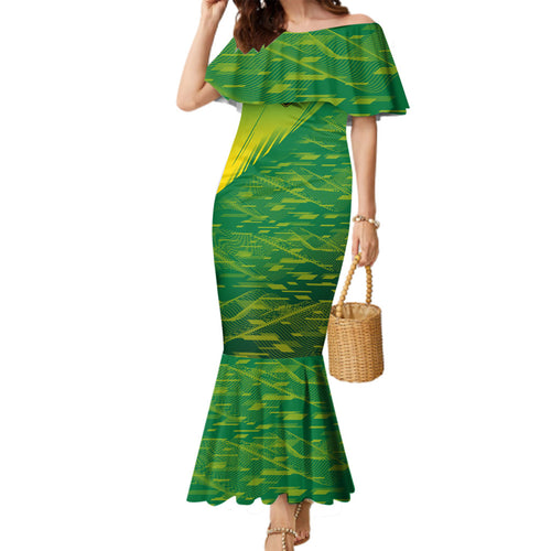 Personalized Socceroos Sport Family Matching Mermaid Dress and Hawaiian Shirt Green Gold Dynamic Wave Pattern
