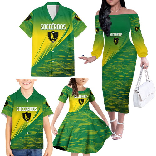 Personalized Socceroos Sport Family Matching Off The Shoulder Long Sleeve Dress and Hawaiian Shirt Green Gold Dynamic Wave Pattern