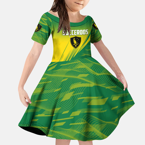 Personalized Socceroos Sport Family Matching Off The Shoulder Long Sleeve Dress and Hawaiian Shirt Green Gold Dynamic Wave Pattern