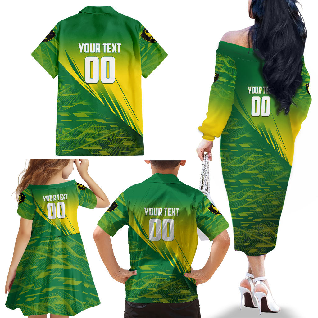 Personalized Socceroos Sport Family Matching Off The Shoulder Long Sleeve Dress and Hawaiian Shirt Green Gold Dynamic Wave Pattern