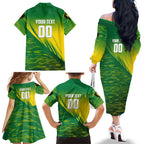 Personalized Socceroos Sport Family Matching Off The Shoulder Long Sleeve Dress and Hawaiian Shirt Green Gold Dynamic Wave Pattern